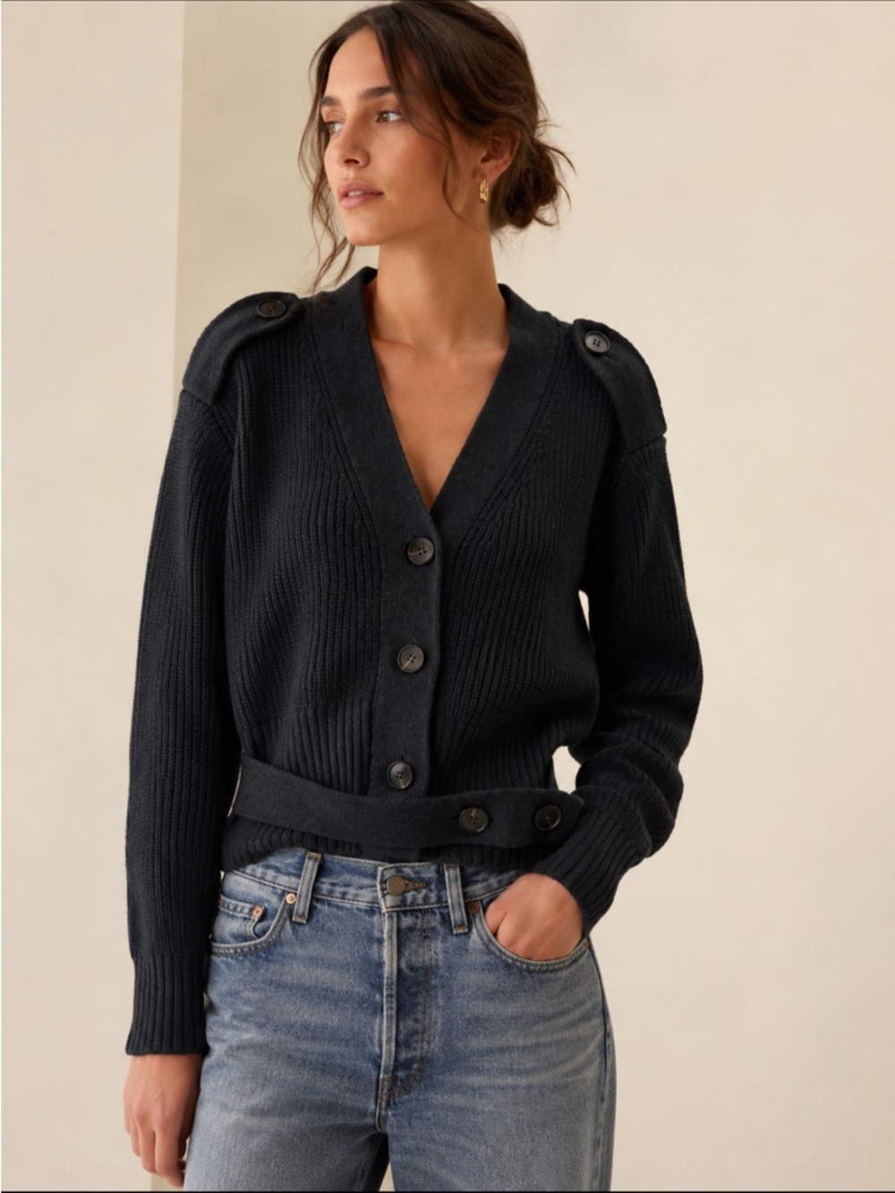 Modern Citizen Black Ribbed Belted Cardigan Sweater Wool Cotton Size M